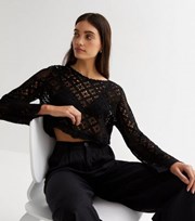 New Look Black Crochet Long Sleeve Crop Top